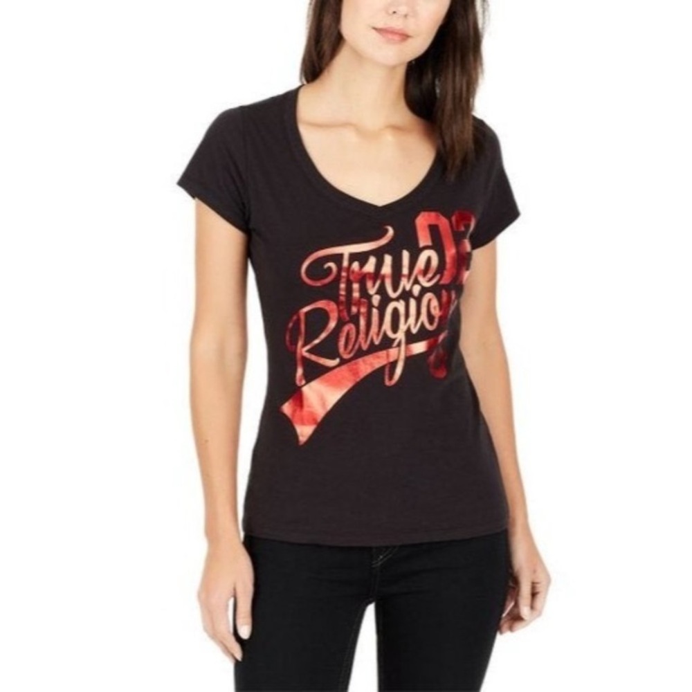 {NWT} Women's True Religion Athletic Script Tee XS Black/Silver